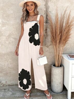 Women's Cream Floral Print Wide-Leg Jumpsuit